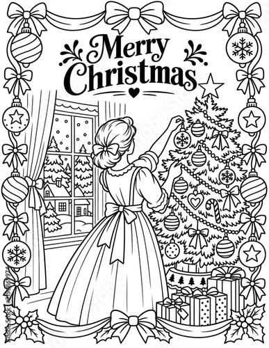 vintage-style Christmas line art, back view of a woman in a long dress decorating a Christmas tree. baubles, gifts, snowy window, surrounded by an ornamental frame with Merry Christmas lettering