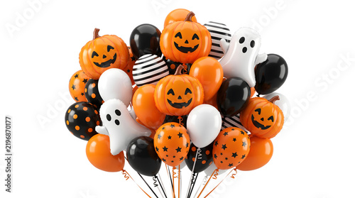 A vibrant cluster of Halloween-themed balloons featuring pumpkins, ghosts, and polka dots in orange, black, and white colors, perfect for festive decorations.