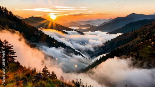 Majestic Sunrise Over Misty Mountain Valleys.