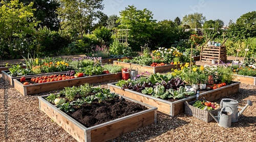 Beautiful organic vegetable garden with lush raised wooden beds growing tomatoes, greens, and vibrant flowers, featuring gardening tools and harvested produce in a sunny outdoor backyard setting.