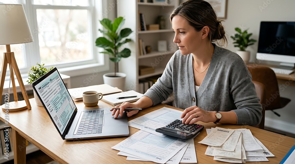 Obraz premium woman working at home with laptop and documents on a bright desk in a modern living space