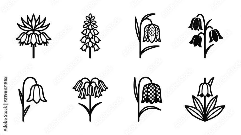 Obraz premium Set of Flower Iconography: A collection of eight elegant black and white line art icons depicting various blooming flowers, each with a unique silhouette and petal design.
