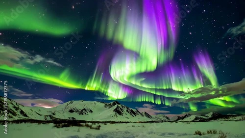 Stunning Aurora Borealis Over Snowy Arctic Mountains.