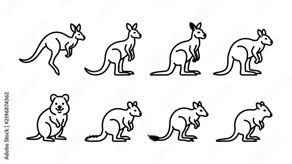 Fototapeta premium Kangaroo and Quokka Icons: A collection of black and white line art icons showcasing various poses of kangaroos and a smiling quokka, perfect for representing Australia or wildlife themes.