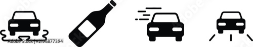 Dangerous driving icons representing slippery roads, drunk driving, erratic driving, and vehicle collision safety warnings