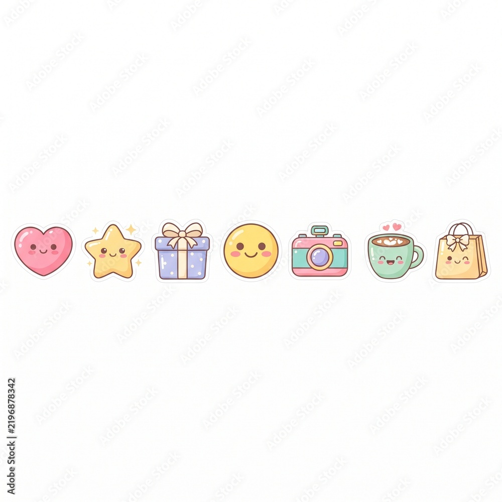 Fototapeta premium Cute kawaii sticker set, heart, star, gift box, smiley face, camera, coffee cup, and shopping bag vector icons