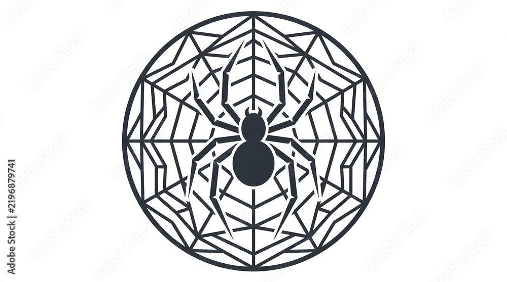 Obraz premium Detailed geometric spider web with a black spider at the center, presented as a Halloween-themed decorative illustration.