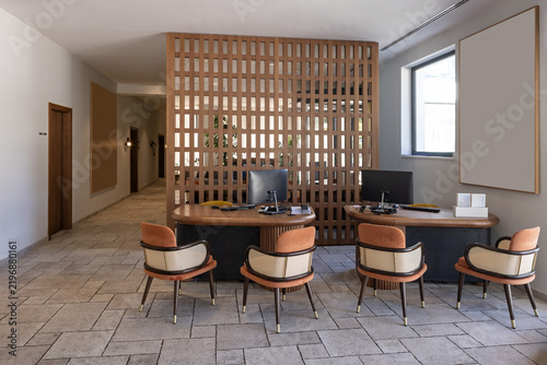 Hotel reception office area with wooden partition screen and chairs