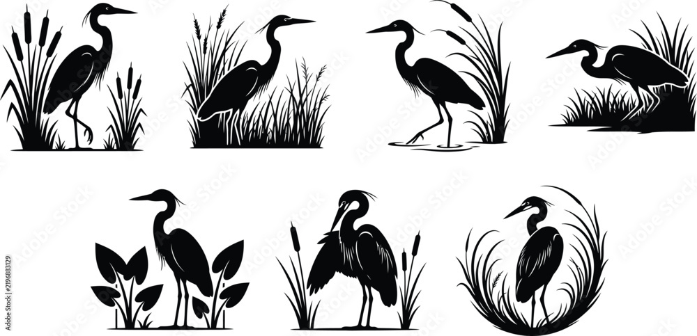 Fototapeta premium Heron and Egret Silhouette Vector Icon Set Featuring Swamp Birds Standing Among Reed Grass, Cattails, and Marsh Plants in Nature Settings