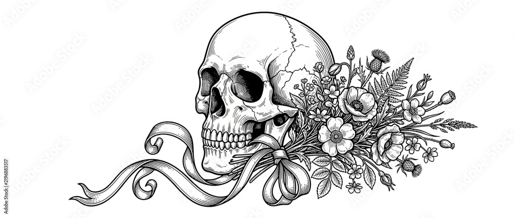 Fototapeta premium Vintage Skull with Flowers and Ribbon Illustration