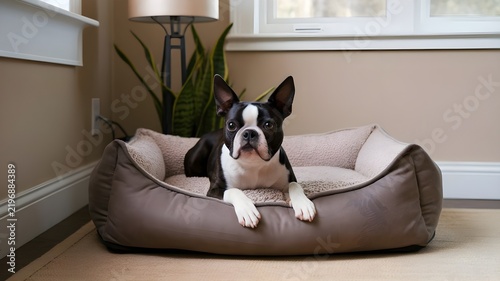 Adorable perro Boston Terrier descansando plácidamente en su cama acolchada dentro de una casa luminosa