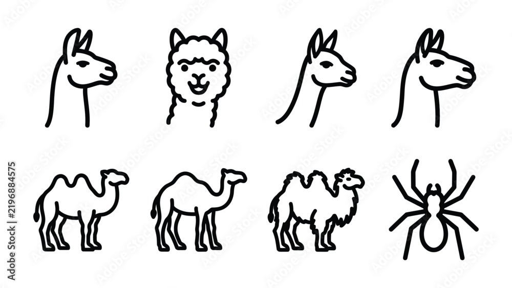 Obraz premium Llama, Alpaca, Camel and Spider Icons