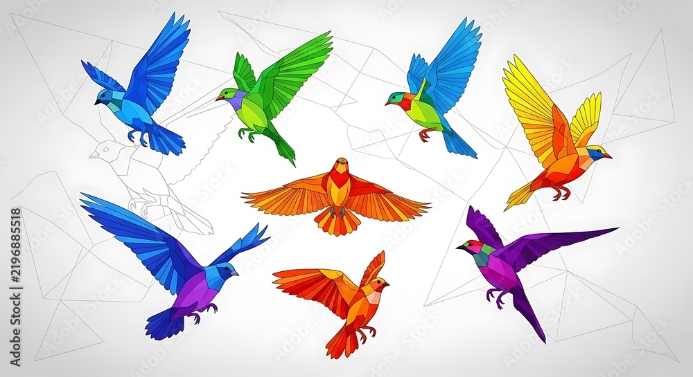 Fototapeta premium Group of colorful hummingbirds in flight against white background with copy space