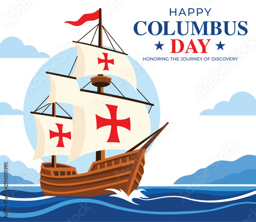 Happy Columbus Day greeting card vector illustration with a historic sailing ship on the ocean