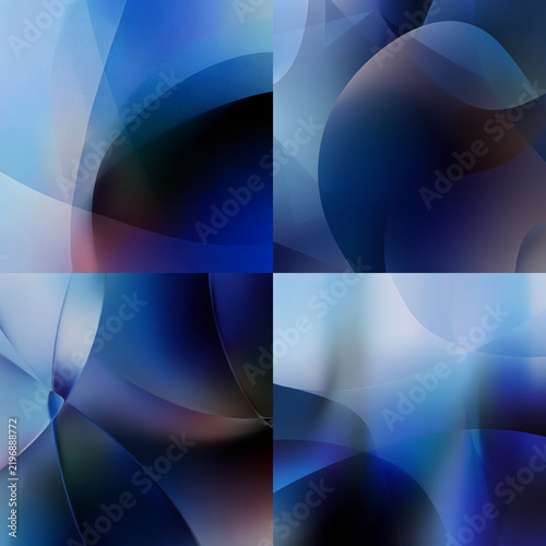 A set of abstract dark blue gradient backgrounds with smooth, curved shapes and layers