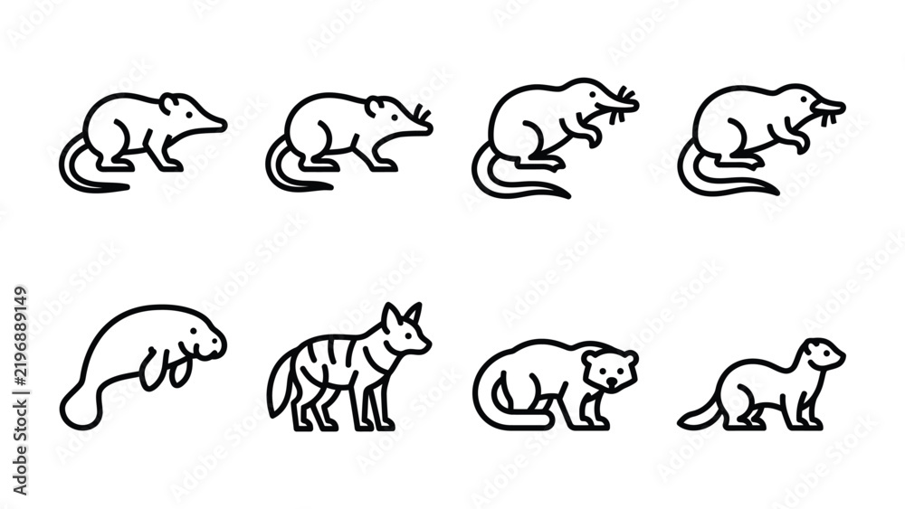 Fototapeta premium Mammal Icons Collection: A diverse set of clean, modern line icons representing various mammals, including rodents, a marine mammal, a canine, and a bear, presented in a grid format.