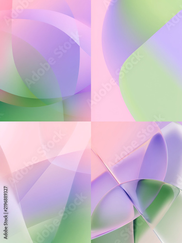 A set of abstract backgrounds featuring pastel gradients of green and pink-purple spring hues, with smooth, curved, overlapping layers
