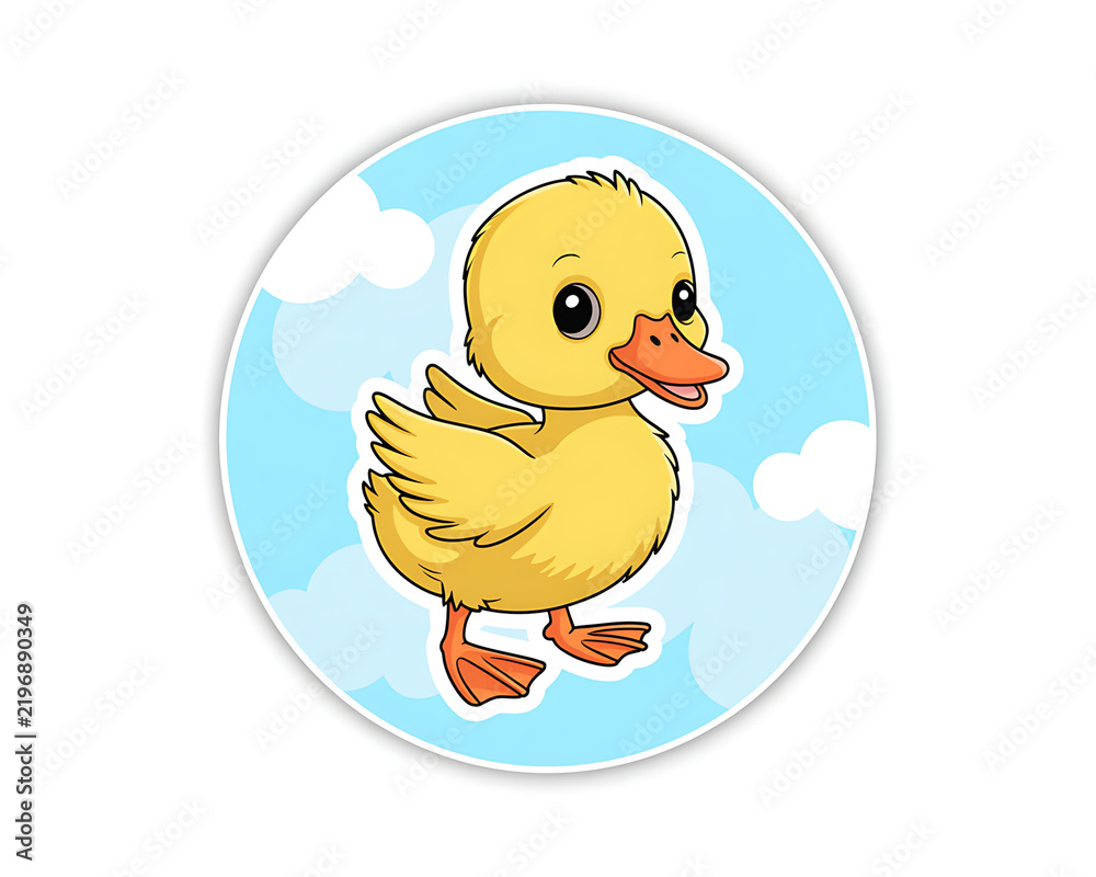 Fototapeta premium Playful cartoon yellow duckling walking with wings outstretched against a light blue sky with fluffy white clouds and a subtle circular border Keywords: duckling, yellow, cute, cartoon, baby