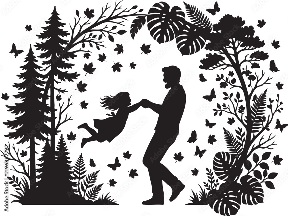 Fototapeta premium Father and daughter silhouette playing in nature, black and white family vector illustration, parent and child dancing in forest with butterflies