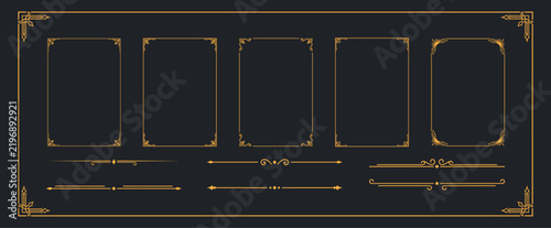 Set of luxury vintage border frames and ornamental dividers in golden color for document.