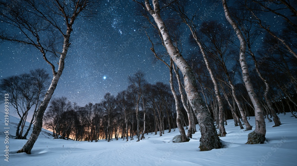 Fototapeta premium Orion Constellation Over a Snowy Birch Forest