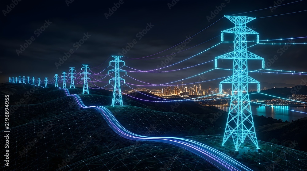 Obraz premium Futuristic digital grid of glowing power lines and pylons stretching across hills towards a city skyline at night