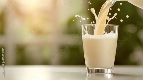 Milk Pour into Glass: A stream of creamy milk is poured into a clear glass, creating a refreshing splash and frothy bubbles, set against a softly blurred, sun-drenched outdoor background.