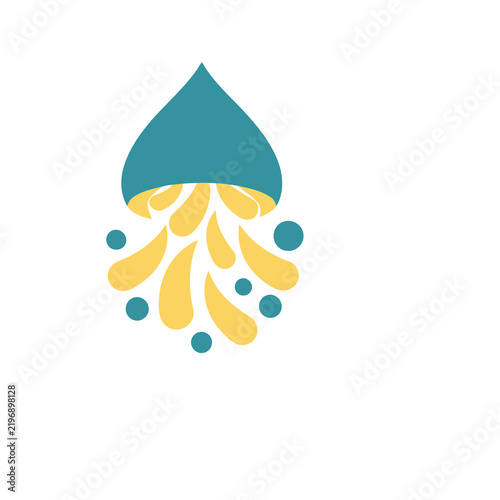 Teal drop with yellow and blue abstract shapes