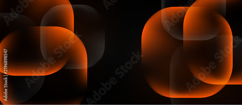 Abstract shapes overlap, creating glowing orange forms against dark background. Minimalist design evokes modern aesthetic.
