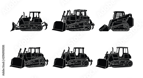 Фотография Construction machinery silhouettes depict bulldozers and loaders on a white back