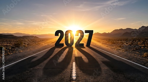 Large threedimensional 2027 numbers standing on an empty desert road at beautiful sunset