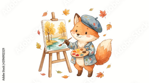 Cute Fox Artist Painting Watercolor Illustration Clipart