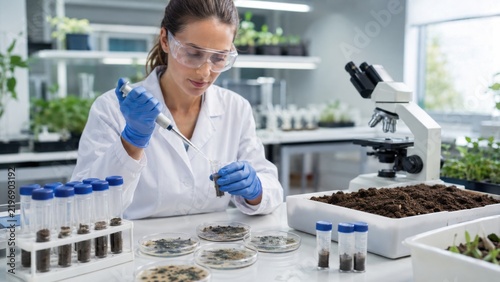 Scientist conducts research on plant soil samples in laboratory with lab equipment and plants