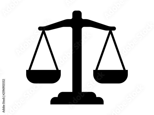 This illustration features a black silhouette icon of a scale of justice against a white background.