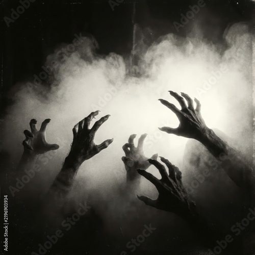 Scary human hands reaching out from dark fog