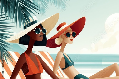 Two women sunbathing together on beach