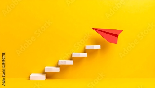 stairs and paper airplane on yellow background, business achievement concept