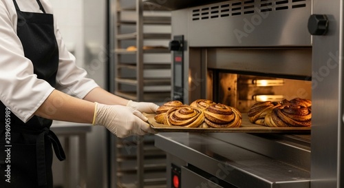 Baker Removing Freshly Baked Cinnamon Rolls from Oven in Commercial Kitchen
