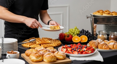 Caterer serves gourmet waffles and fresh fruit at a delightful breakfast buffet spread.