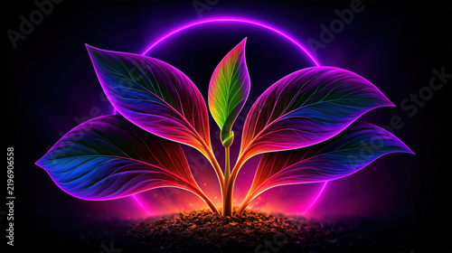 Neon Seedling Growing from Soil on Dark Background Created with Generative AI Technology AI Generative