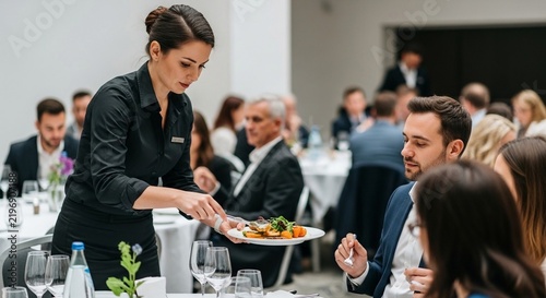 Professional banquet server presenting a gourmet meal to guests at an elegant dining event