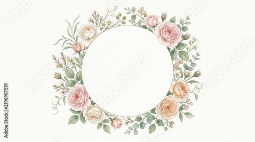 A floral wreath with pink and beige roses, green leaves, and white flowers, set against a white background.