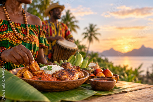 Equatorial Guinea culture celebration with local food, music and sunset background for independence day.