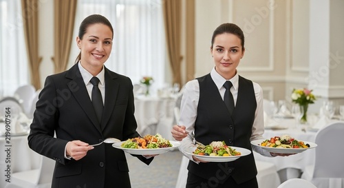 Professional banquet servers presenting gourmet dishes at a formal event