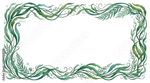 A watercolor painting of a green and blue floral border with a white background.