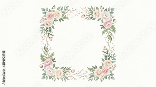 A white square frame with a floral and greenery border, featuring pink and peach flowers and green leaves.