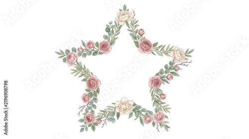 A floral wreath with pink and white roses, green leaves, and a star shape in the center.