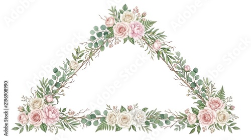 A watercolor floral arrangement in a triangular shape with pink and white flowers, greenery, and leaves.