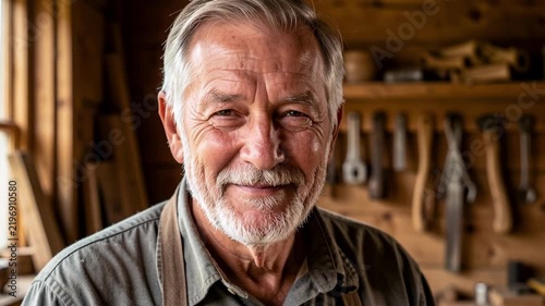 Elderly Carpenter Portrait in Rustic Workshop.