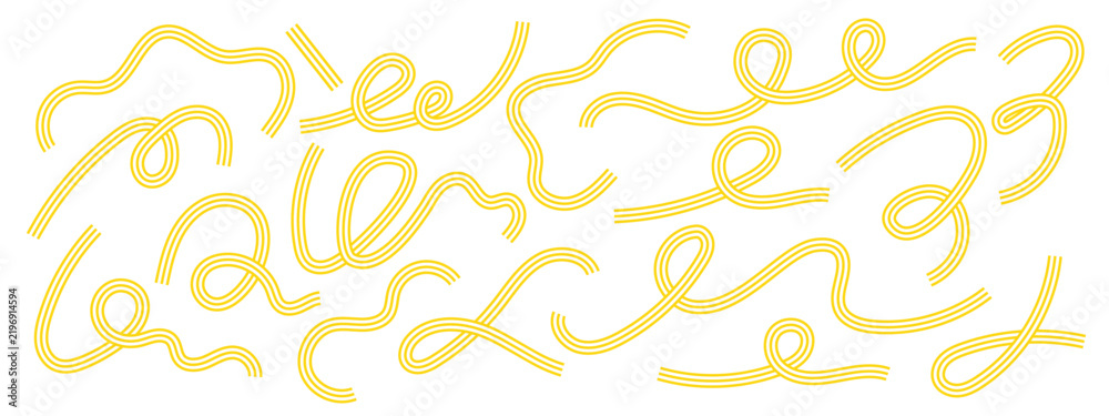 Fototapeta premium Spaghetti elements with abstract curved pasta lines and spiral noodle waves. Yellow swirling ramen forms for Italian cuisine design.